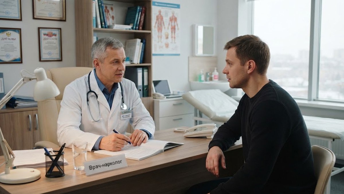 Врач-нарколог проводит консультацию с пациентом в современном кабинете, обсуждая современные методы лечения кокаиновой зависимости.